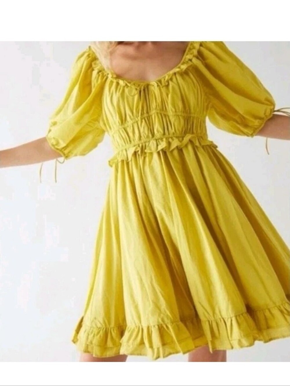 Anthropologie En Saison Yellow Puff Sleeve Ruffled Mini Dress